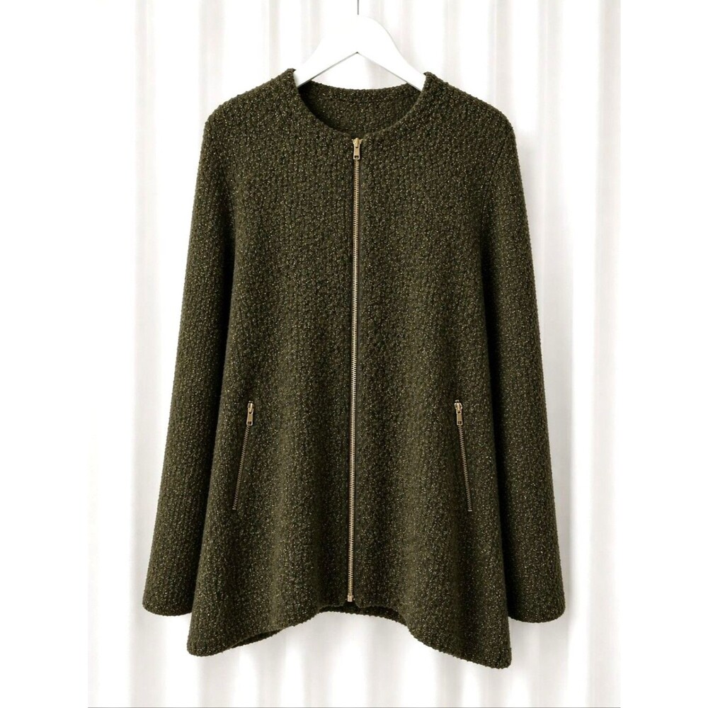 Sara Campbell 90s Green Gold Metallic Wool Blend Zip Front Knit Sweater Jacket